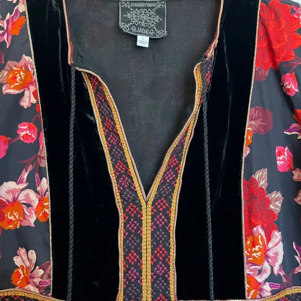 Johnny Was Jade Kimmy Smocked Floral-Print Peasant Top Embroidered Velvet Trim L